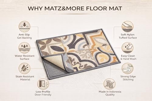 Image of Matz&More Tiles Earth Floor Mat | 40x60 CM | Beige Pastel | Nylon Tufted Gel Baking Anti-Slip | Doormat for Home Entrance, Kitchen & Bedroom