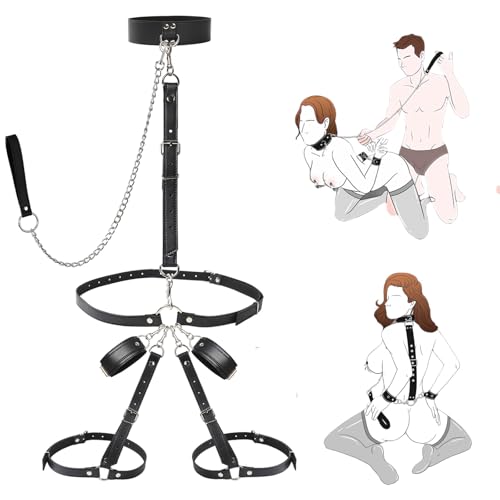 Sex Bondage Wrist & Thigh Cuffs BDSM Restraints Set Adult Sex Toys for Couples Neck to Wrist SM Game Set with Adjustable Collar & Leash Handcuffs Thigh Cuffs Cross Waist Strap Bondage Gear Harness
