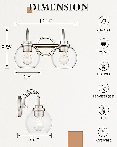 Image of 2-Light Bathroom Light Fixtures, Brushed Nickel Vanity Light with Globe Clear Glass Shade, Modern Vanity Lighting Fixtures Over Mirror, AD-22280-2W-SN