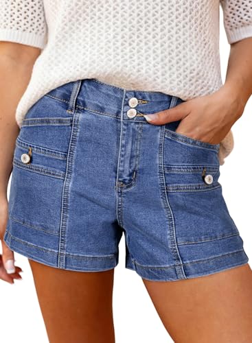 Astylish Women's Jean Shorts High Waist Double Buttons Stretchy Vintage Summer 2026 Denim Beach Shorts Jeans Button Accent Pockets Dark Blue Size 14