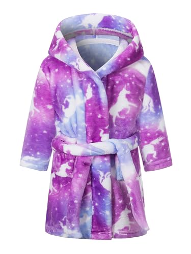 Girls Fleece Robe Soft Hooded Bathrobe Toddler Cute Plush Robes for Kids, 4-12 Years