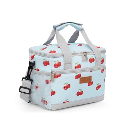 PALAY® Lunch Bag for Office Blue Cherry Double-Layer Tiffin Bags with Water-Resistant Lining Adjustable Shoulder Strap & Top Handle Nylon Insulated Lunch Bag for Work, School, Picnic