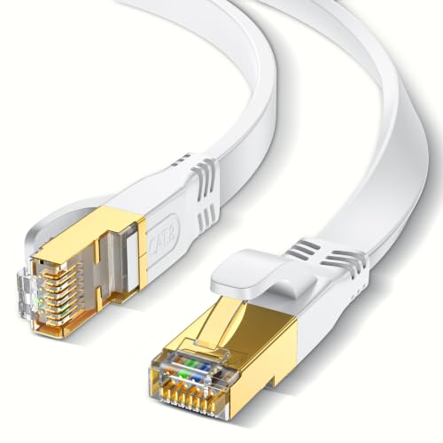 Ohmvolta Cat 8 Ethernet Cable 1m White High-Speed 40Gbps 2000Mhz Lan Internet Cable Gold Plated RJ45 Connector Outdoor Indoor Flat S/FTP Patch Cord for Gaming Router Modem Faster Than Cat7 Cat6 Cat5