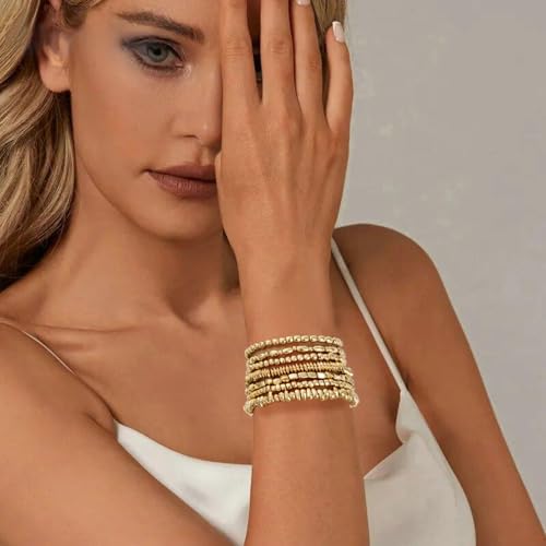 Gold Plated Beaded Bracelets for Women Trendy, 14K Gold Plated Stack Cross Pearl Gold Plated Bead Stretch Bracelets Set Elastic Hypoallergenic Bracelets Jewelry Gifts2