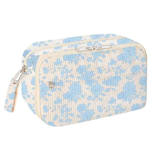 Image of WOBAGMEN Cute Pencil Case,Large Corduroy Zippered Pencil Case Pouch, aesthetic Pencil Bag with Compartments, Pencil Pouch School Supplies (Blue Floral)