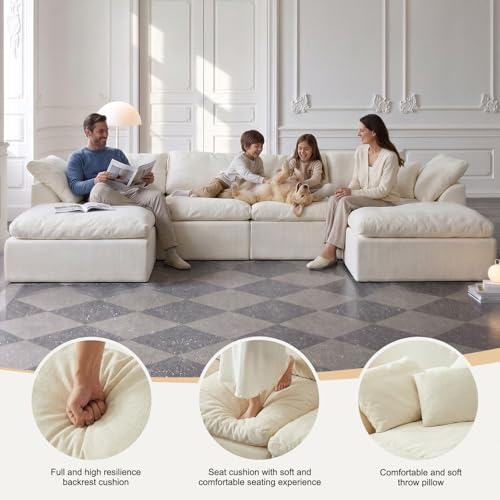 Tenglyptical 139" U Shaped Cloud Couch for Living Room, Oversized Modular Sectional Sofa with Double Chaise, Deep Seat Chenille Convertible Couch, No Assembly Required(Lvory White) - Image 7