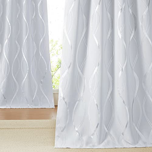 PONY DANCE Rideau Salon - Rideaux Occultant Thermique Isolant Draperies Opaque Décoration de Fenêtre avec Motif Argenté Courbe Isolation Lumière, L140xH175 cm, Gris Blanc, Lot de 2