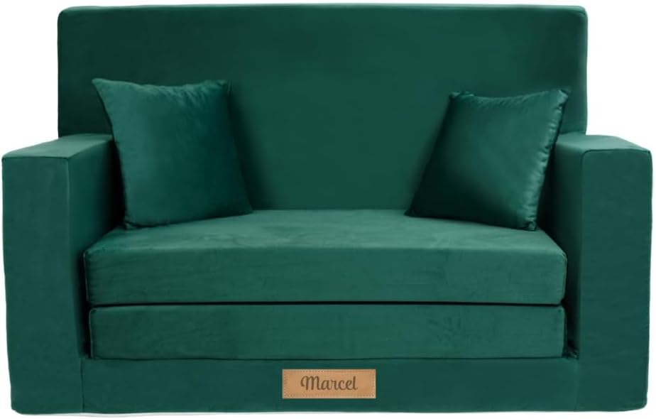 Flumi Personalised Children's Sofa with Sleep Function Engraving Children's Name Sofa for Children's Room Sleeping Chair with Bed Function Furniture Microfibre 92x60x40 cm(Bottle Green)