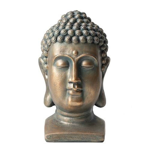 Glitzhome MGO Faux Bronze Buddha Head Garden Statue Indoor and Outdoor Sculpture Decoration, 16