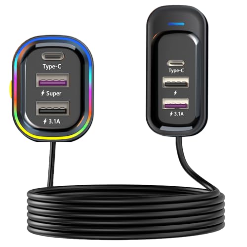 USB C Car Charger, 81W Multiport 6-Port PD & QC3.0 Fast Charger for Multiple Devices, Cigarette Lighter Adapter Car Travel Essentials with 5FT Cable, Compatible with iPhone 15/16/17, Pad, Galaxy S24