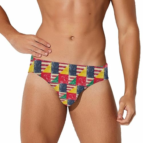 U.S.A and Benin Vintage Flag Printed Swim Briefs for Men Sexy Bikini Swimwear Elastic Beach Trunks Bathing Suit