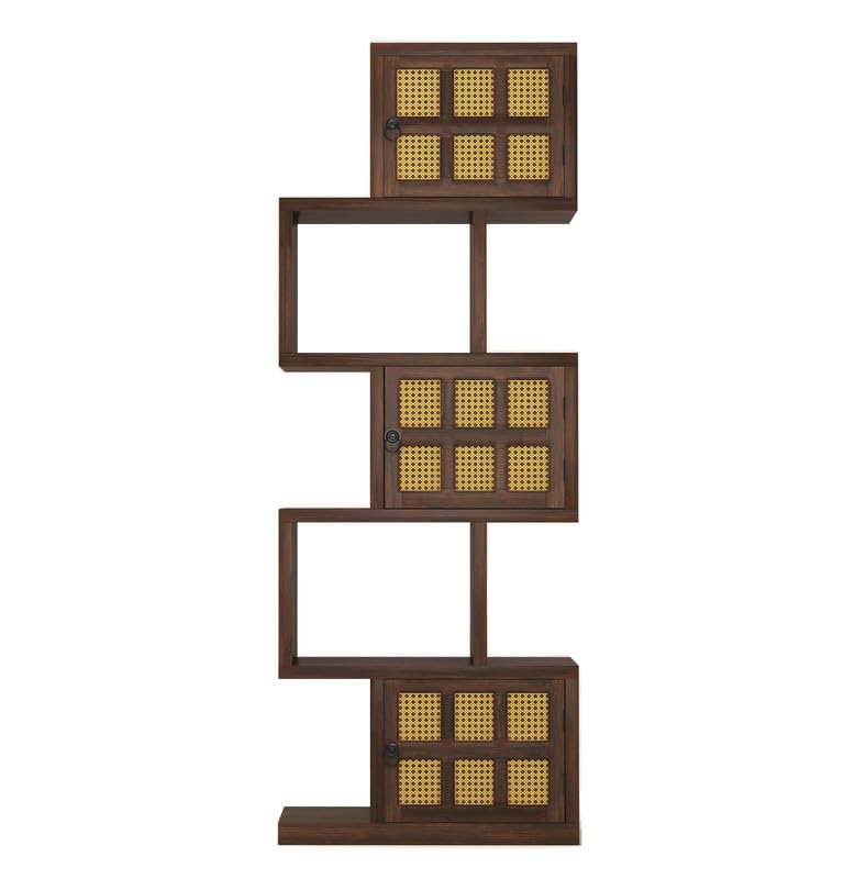 Image of Solid Sheesham Wood 5-Layer Ladder Bookshelf with Zig-Zag Design with 2 Open Shelves & 3 Rattan Wicker Door Storage | Display Cabinet Floor Standing Bookcase for Office Library (Walnut Finish)