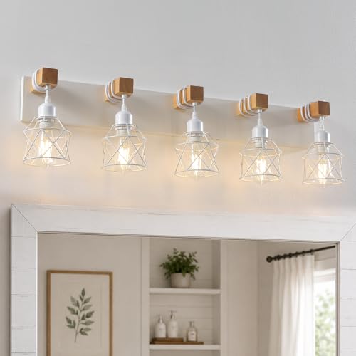 Image of Farmhouse Vanity Light Fixture,5-Light Bathroom Lighting,White Modern Wood Wall Light Over Mirror with Metal Shade,LED Bulbs Not Included