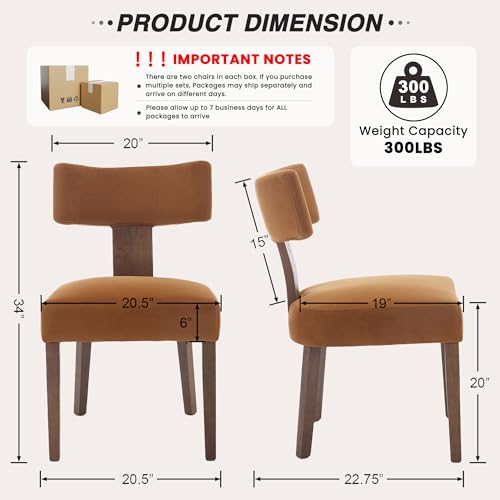 Image of HNY Mid Century Modern Dining Chairs, Velvet Fabric Farmhouse Upholstered and Curved Backrest Kitchen Accent Chairs Set of 2, with Hardwood Frame, Burnt Caramel