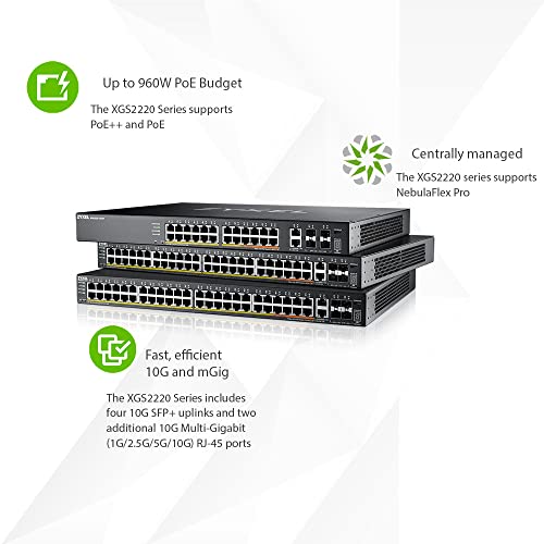 Image of Zyxel 24-Port PoE Gigabit Switch | Nebula Cloud Managed /L3 Access | 16x PoE+ & 10x PoE++ @400W | 6x 10G Uplink (2x Copper + 4x SFP+) [XGS2220-30HP] | 24x Gigabit PoE + 2x 10G PoE + 4x 10G SFP+ Ports, PoE Total Budget 400W, Smart Fan, Layer 3, NebulaFlex, TAA Compliant