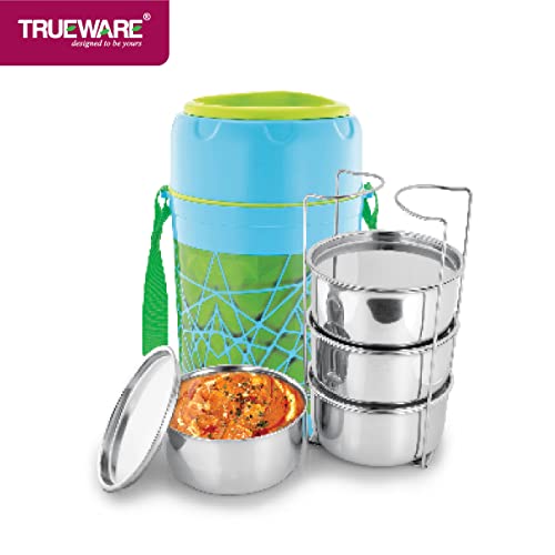 Image of Trueware Trendy 4 Inner Steel Outer Plastic thermoware Lunch Box | 4 Container 300 ML Each-Green | PU Insulated | Lunch Box | Tiffin | Hot lunch box | Leak Proof | Easy to Carry | Hot & Cold Food Grade| BPA Free | Stainless Steel Dabbi | Office | Outdoors | For Men, Women, and Kids