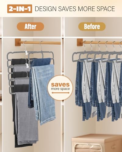 Image of 10 Pack Velvet Pants Hangers Space Saving, Non Slip 2-Layer Hanger (Grey) | Heavy Duty Flocked Trouser Hangers,pants organizer for closet with Swivel Hook, Felt Jean Hangers for Women and Men