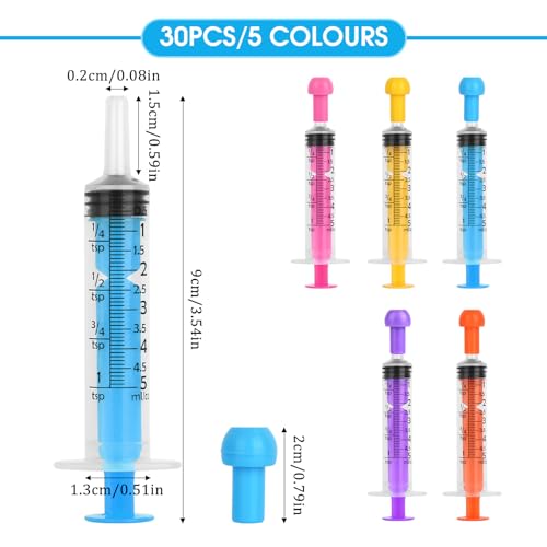 30 Stück Einwegspritzen 5ml, Kunststoff Spritze Mit Kappe, Futterspritze Ohne Nadel, Sterile Spritzen für Tierfütterung, Nachfüllen, Flüssigkeiten, 5 Farben