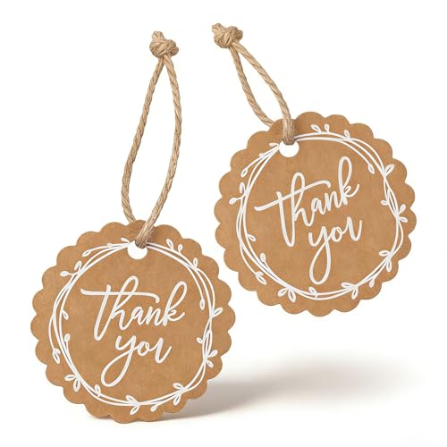 Nogeqi 50 Pcs Thank You Tags with String Round Brown Paper Thankful Gift Tags for Wedding Birthday Party Gifts Baby Shower Bridal Shower 1.77 X 1.77 in