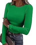 Roselux Womens Long Sleeve Stretch Crewneck Ribbed T-Shirt Fitted Casual Basic Tops(3922,Green-S)