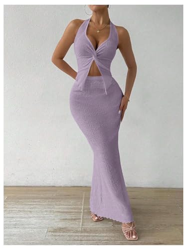 Image of SOLY HUX Women's Two Piece Outfits Twist Front Halter Cami Tops and Skirt Summer Set
