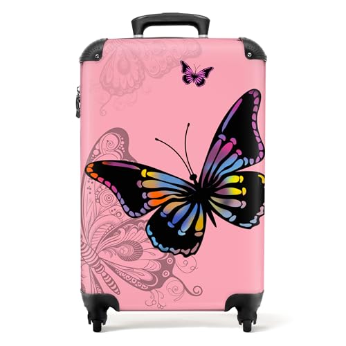NoBoringSuitcases.com® Maletas de Viaje Cabina, Equipaje de Mano, Trolley con 4 Ruedas giratorias rotación de 360, Divertidas, TSA Cerradura, 10kg Avion, 55x40x20 cm Mariposa Rosa Fondo