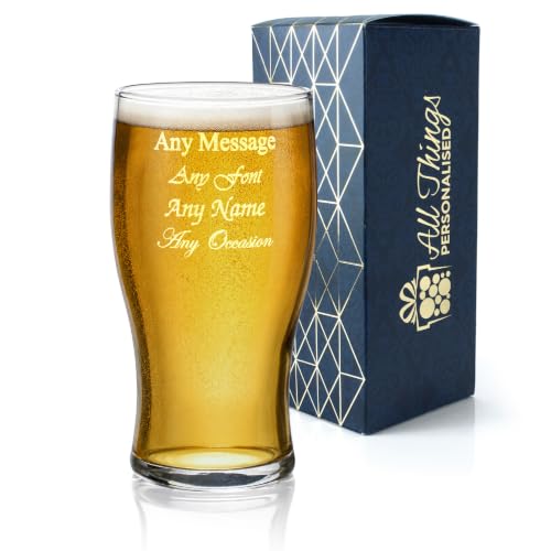 Pasabahce Personalised Engraved Pint Glass, Personalise with Any Message for Any Occasion, Stylize with a Variety of Fonts, Gift Box Included, Laser Engraved, Toughened Tulip Pint Glass