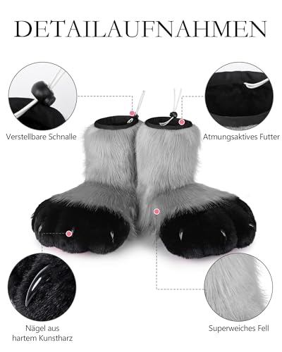 ZFKJERS Cosplay Tierkatze Kunststoffkrallen für Fursuit Füße Pfotenschuhe Pelzige Pfotenpantoffeln Erwachsene Kostüm Zubehör Set (Grau)