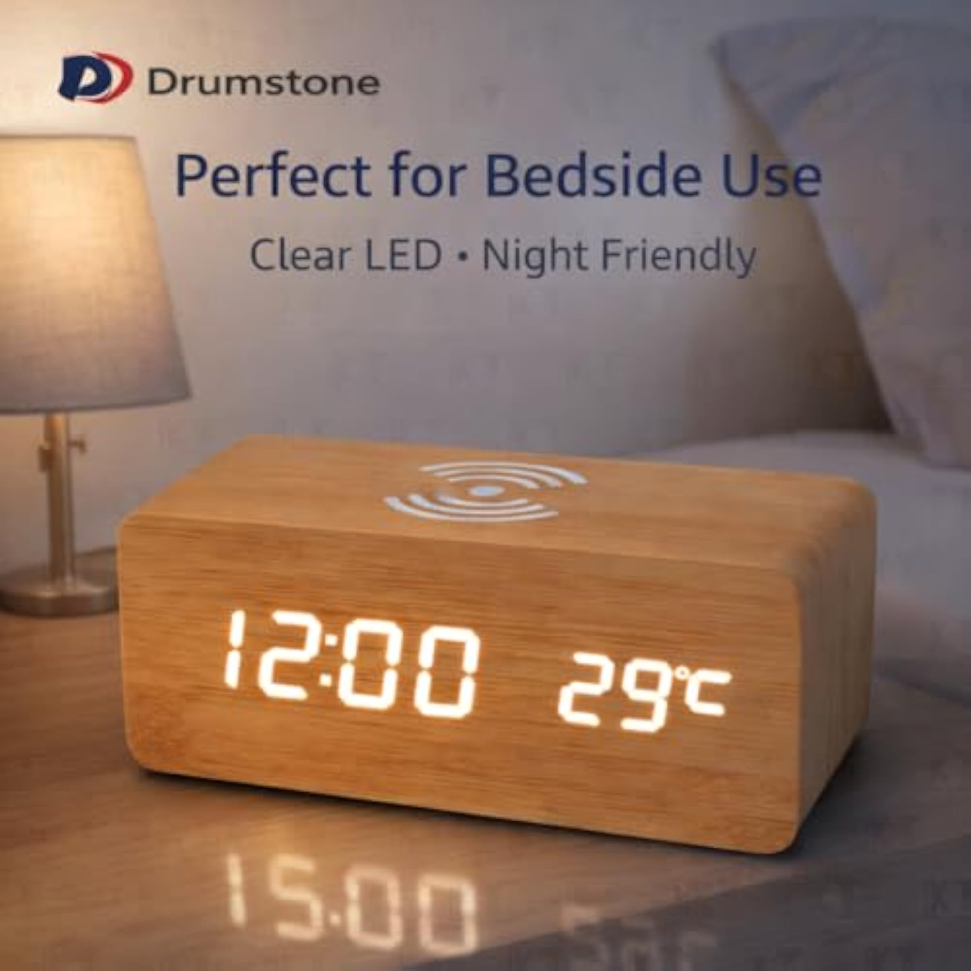Premium Wooden LED Digital Alarm Clock with Wireless Charging