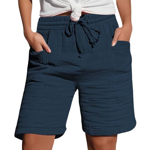 Shorts Damen Sommer Musselin Leinen Kurze Hose Baggy Beach Shorts Mit Taschen Elastische Taille Stretchy Gerades Bein Bermuda 2026 Hose Kurze LäSsige Freizeit Short Mit Kordelzug Leinenhose S-XXL