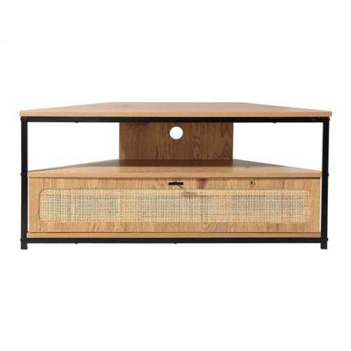 Calicosy - Meuble TV d'angle 1 Porte Rabattable - Cannage en Rotin - Décor Bois - Panneaux De Particules - Pieds Métal - Salon Ou Chambre - Style Exotique Et...