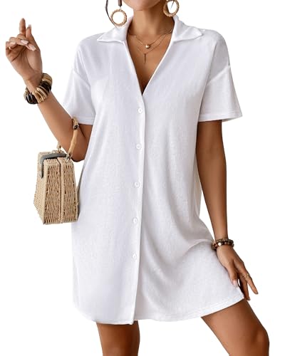 Bsubseach Terry Cloth Swim Cover Up 2025 Button Down Women Swimsuit Coverup Short Sleeve Blouse Beach Shirt Vacation Wear White L