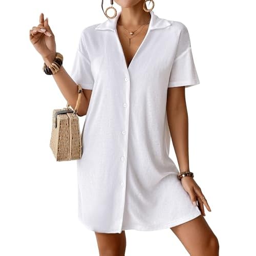 Bsubseach Terry Cloth Swim Cover Up 2025 Button Down Women Swimsuit Coverup Short Sleeve Blouse Beach Shirt Vacation Wear White Large