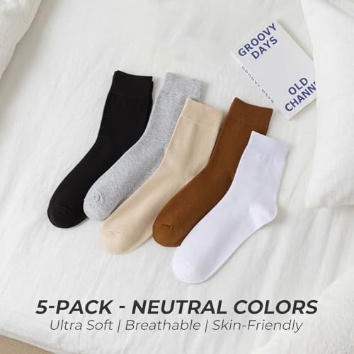 Image of Josnown Crew Socks for Women, Thin Cotton Casual Soft Aesthetic Womens Socks 5 Pairs