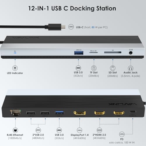 Wavlink Docking Station Usb C 3 Monitor, Docking Station Con Dual Hdmi, Dp, 100W Pd, USB3.0&2.0, RJ45, Slot Sd/Tf, Audio/Microfono, Compatibile Solo Con Computer Windows - 2