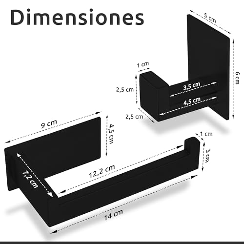 Miniatura 4 de Ecence 1x Portarrollos Papel Higiénico 2x Ganchos Para Toallas Adhesivo Sin Taladrar, Accesorios Para Baño, Negro - Fabricados En Acero Inoxidable 304