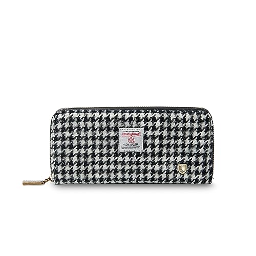 Islander HarrisTweed & PU Leather women’s long zip purse, Black and White, Carry Cash & card, Scottish Style