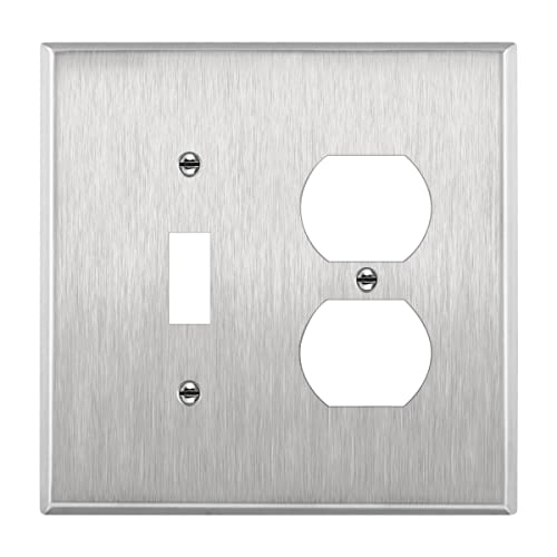 Image of ENERLITES Combination Toggle Light Switch and Duplex Receptacle Outlet Metal Midway Wall Plate, Corrosion Resistant, 2-Gang 4.88 inch x 4.92 inch, 771121M, 430, UL Listed, Silver, Stainless Steel Mid Size