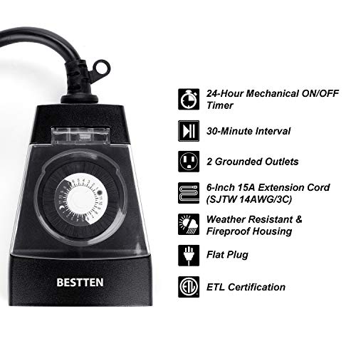 image for [2 Pack] BESTTEN Outdoor 24-Hour Timer, 2 Grounded Outlets, 6-Inch Pow