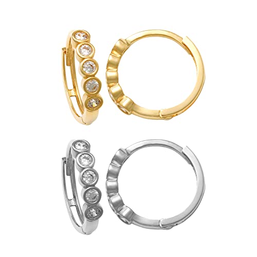 14K Real Solid Gold Bazel Cubic Zirconia Hoop Earrings, Cartilage Daith Helix Tragus Conch Rook Snug Huggie Hinge Ear Ring Piercing Jewelry - Pair (Yellow Gold) #TOP28