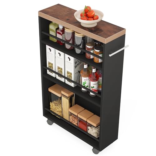 Tribesigns キッチンワゴン スリム収納カート ハンドル付き 隙間収納 木製スリムワゴン ホワイト/ブラック 幅16cm キャスター付き (ブラック)