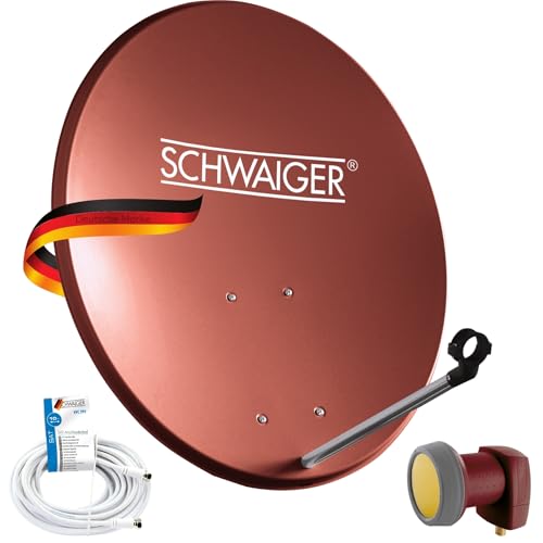 SCHWAIGER 9741 Système satellite avec antenne satellite LNB simple 10 m Antenne satellite numérique en aluminium Rouge brique 55 x 62 cm