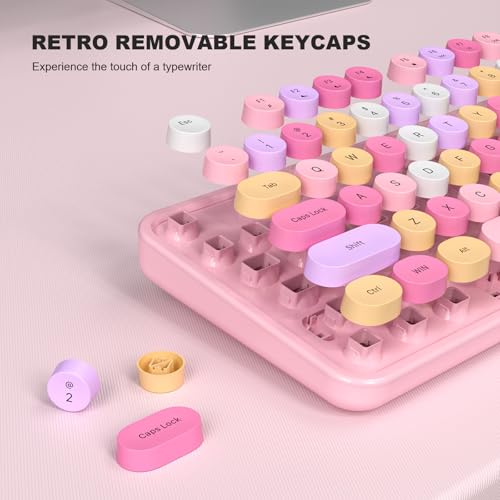 Image of MOFII Wired Full Size USB Keyboard, Colorful Retro Round Typewriter Keyboard with Foldable Stands for Windows PC Laptop (Pale Pink)