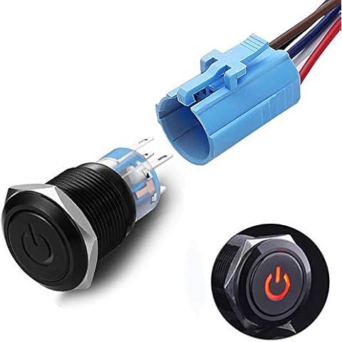 Quentacy 19mm Latching Push Button Switch 12V Power Symbol Light 1NO1NC SPDT ON/Off Black Metal Shell Waterproof Toggle Switches with Wire Socket Plug 3/4" Mounting Hole (Red) Cover