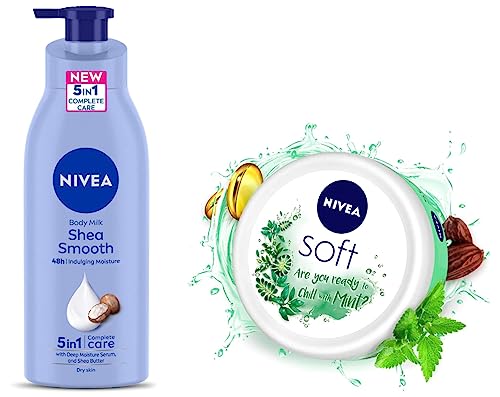 Image of Nivea Body Lotion For Dry Skin, Shea Smooth, With Shea Butter, For Men & Women, 400 ml & NIVEA Soft, Light Moisturising Cream, Chilled Mint, 200ml