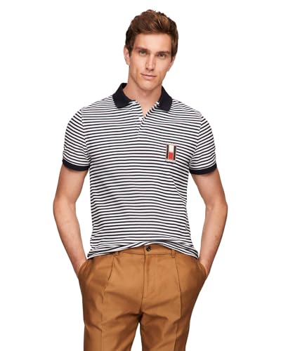 Image of Tommy Hilfiger Men's Short Sleeve Casual Polo Shirts in Regular Fit with Stretch and Vertical Logo Designs, Desert Sky/White, Large