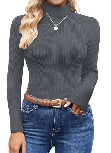 Ekouaer Women's Turtleneck Shirts Ribbed Knit Pullover Sweater Long Sleeves Tops Midweight Thermal Underwear Blouse Dark Gray M