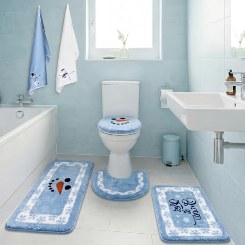 Nuanchu 6 Pcs Winter Snowman Bathroom Rugs Set with Winter