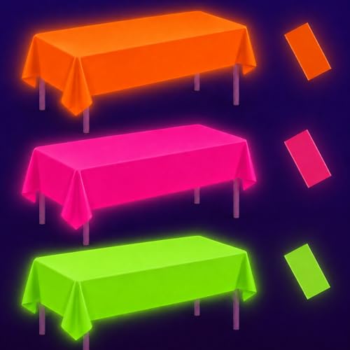 Oigco 3 PCS Neon Tablecloths Neon Party Decorations Pink Orange Green Glow in The Dark Plastic Table Cover for Glow in the Dark Party Supplies 54 x 108 Inch