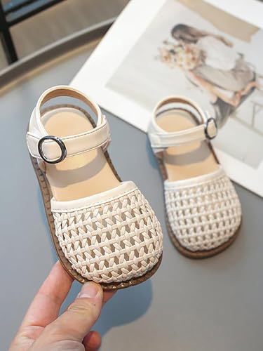 Verdusa Girl's Closed Toe Braided Sandals Summer Vacation Ankle Strap Bowknot Flat Sandals White and Beige 1.54